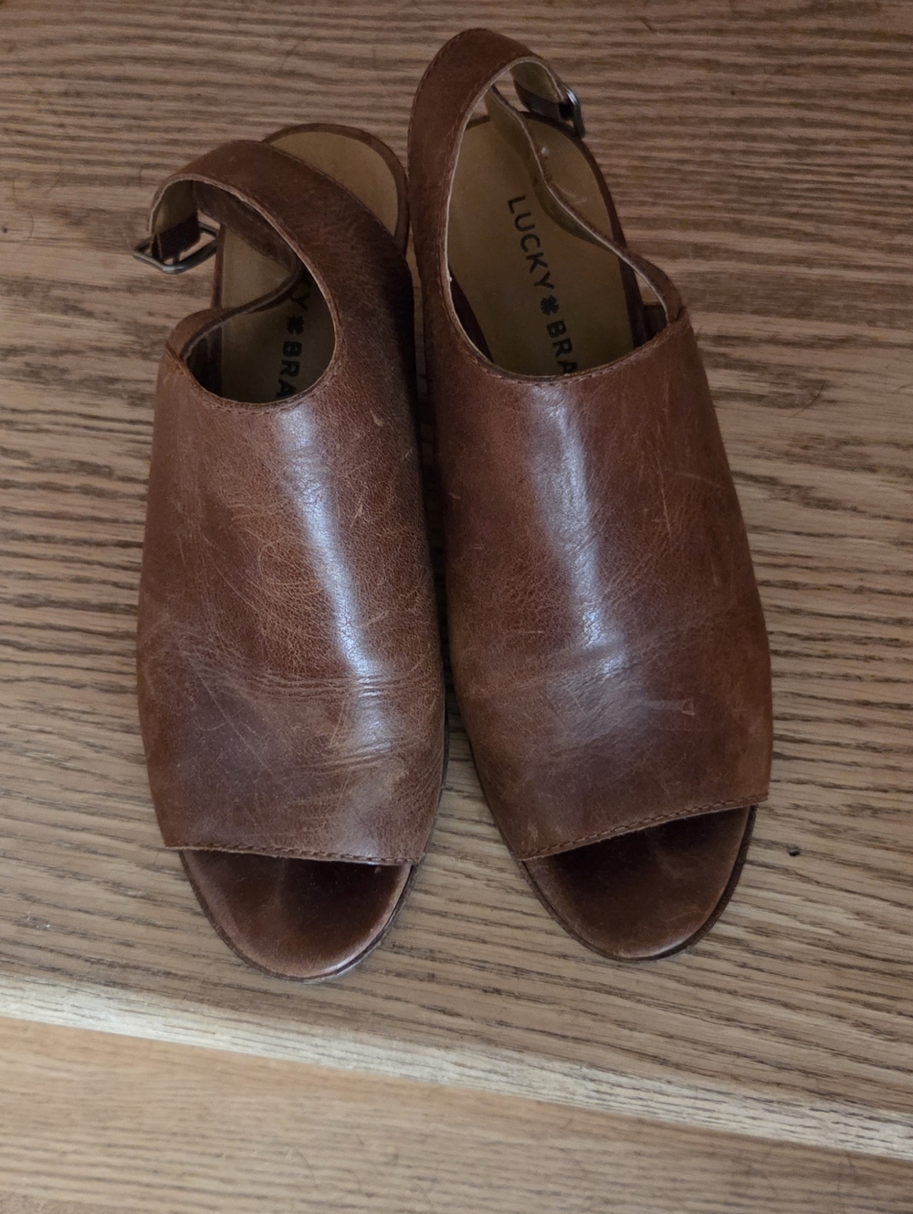 Lucky Brand Brown Leather Peep-Toe Slingback Sandals